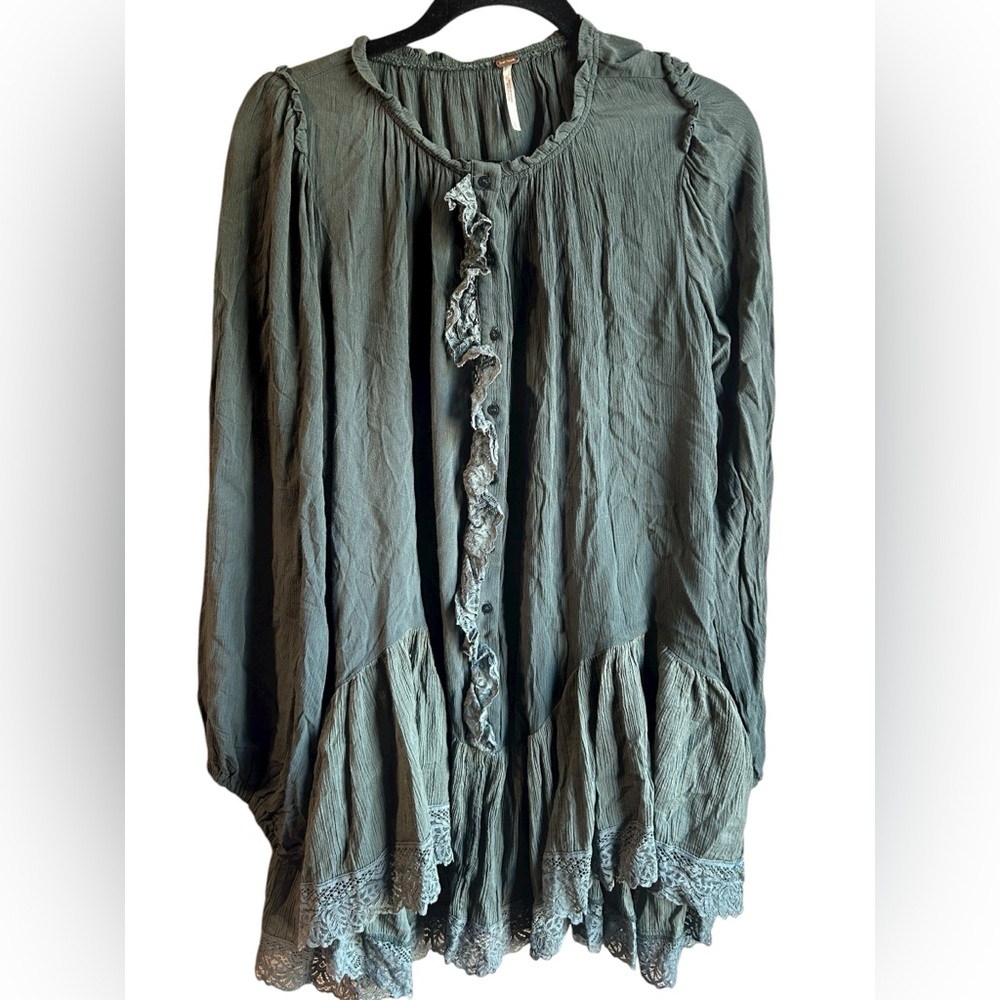 Free People‎ Green Jeanette Ruffle Tunic Small